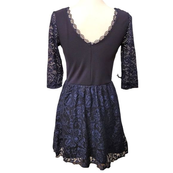 Navy Blue Dress with Elastic Waist 3/4 Sleeves and Lace Overlay - Picture 3 of 16